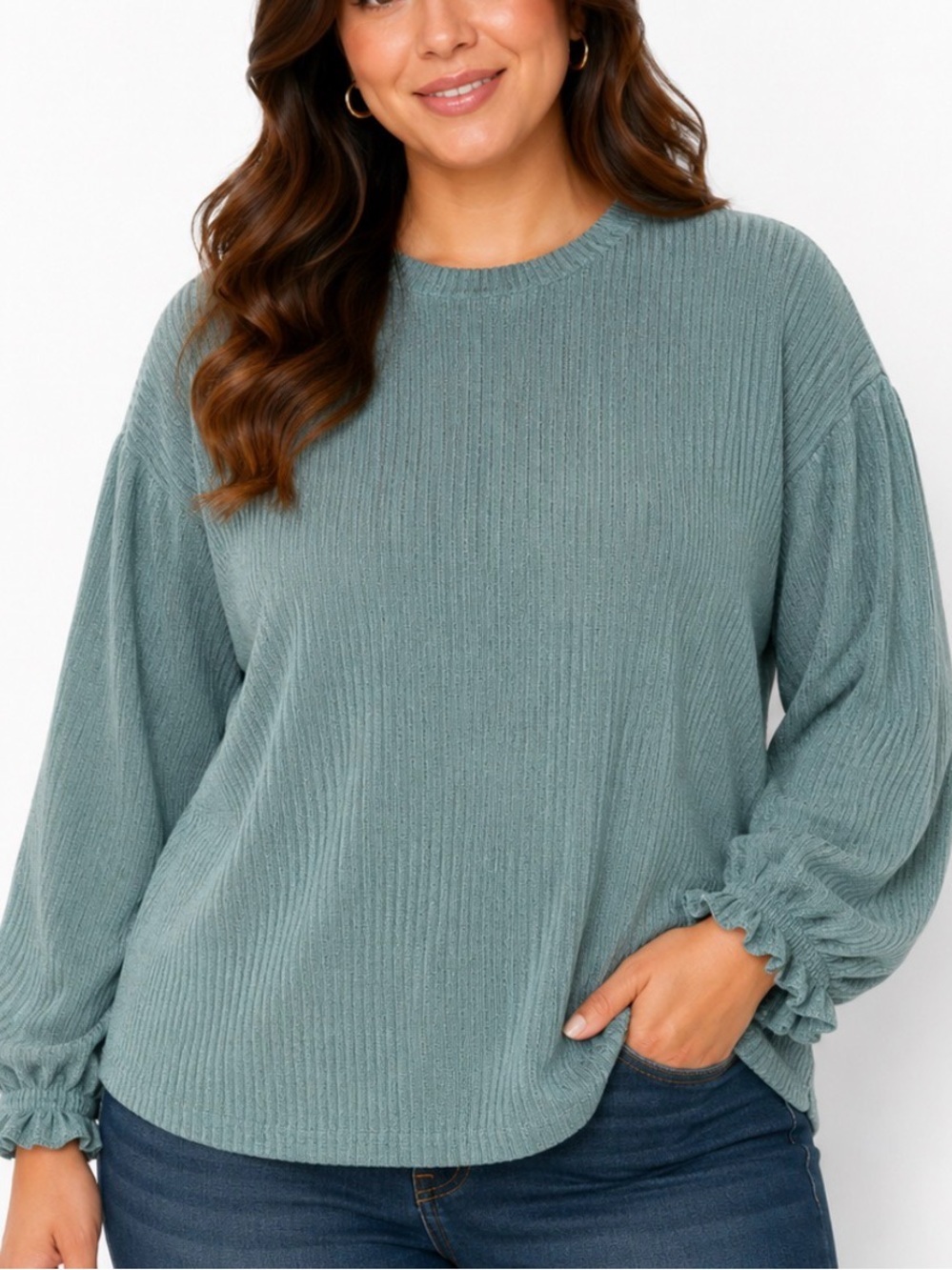 Ribbed Long Sleeve Top in Sage Green